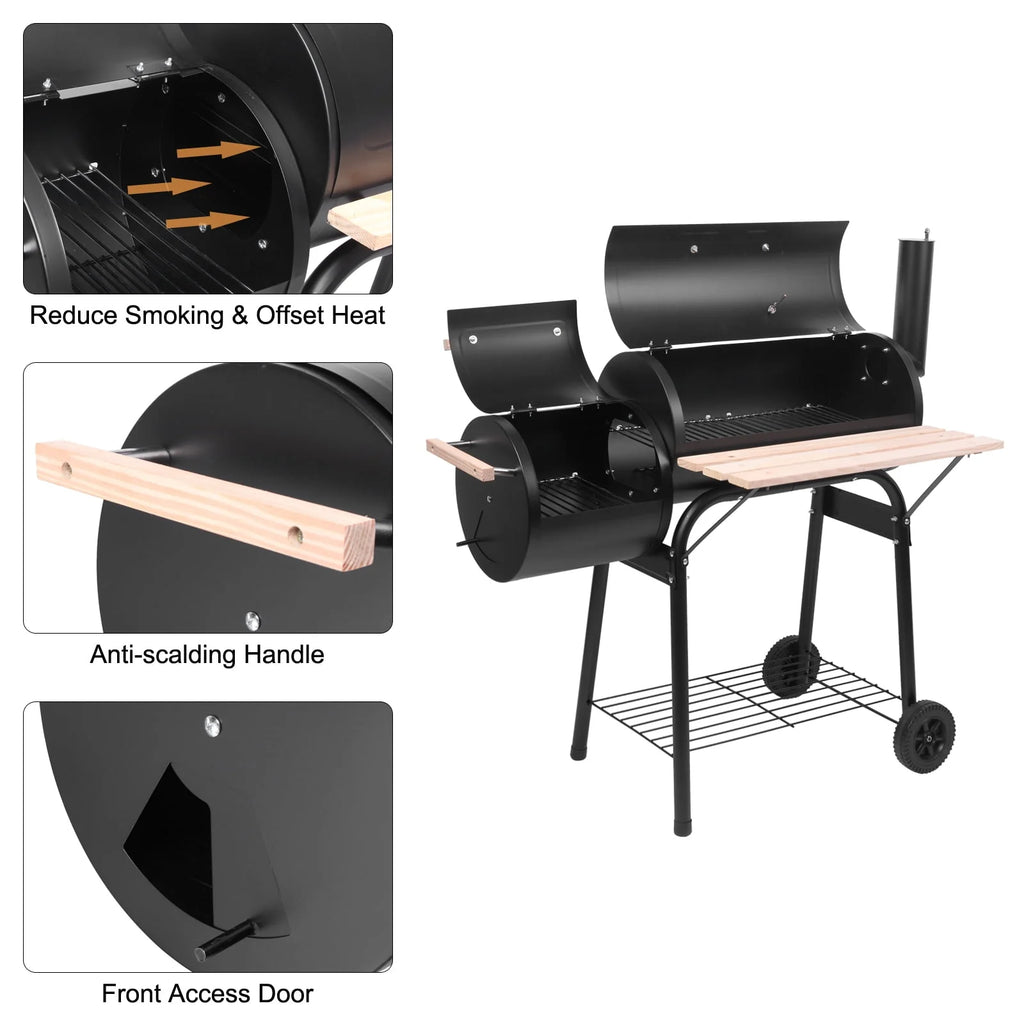 Charcoal Grill Portable BBQ Grill and Offset Smoker Steel BBQ Pit Black O8677