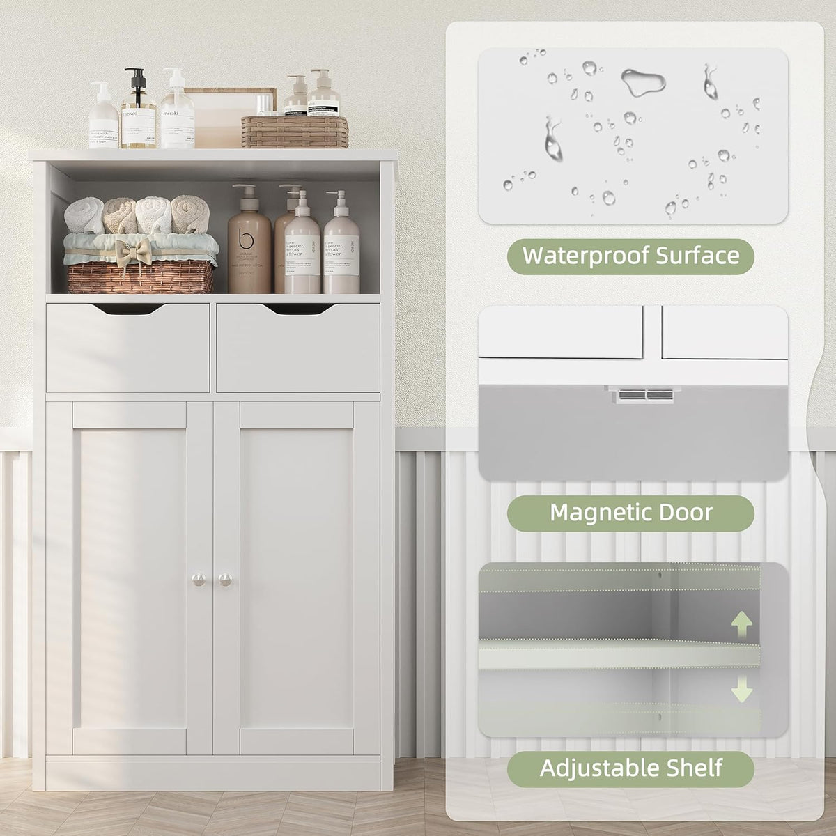White Floor Storage Cabinet with Doors and Drawers and Adjustable Shelf D695