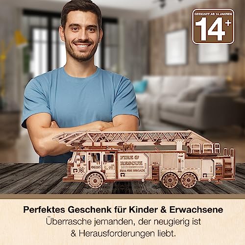 3D Wooden Puzzle Fire Truck Mechanical Model Kit with Wind Up Mechanism, 439 Pieces D8040