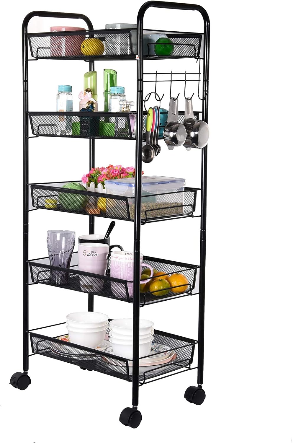 5-Tier Metal Mesh Rolling Utility Cart with Lockable Wheels, Black Y477180
