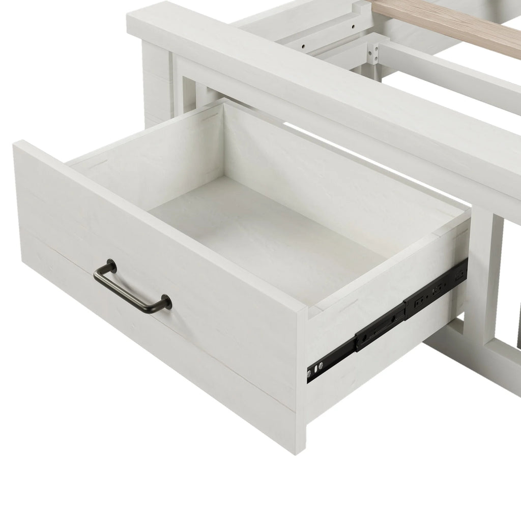 Queen Size White Solid Wood Storage Panel Bed with 2 Drawers T573776