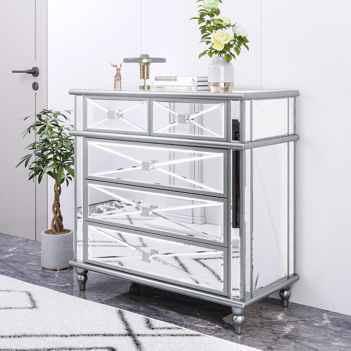 Silver Mirrored 5 Drawer Dresser with Wood Legs B53611