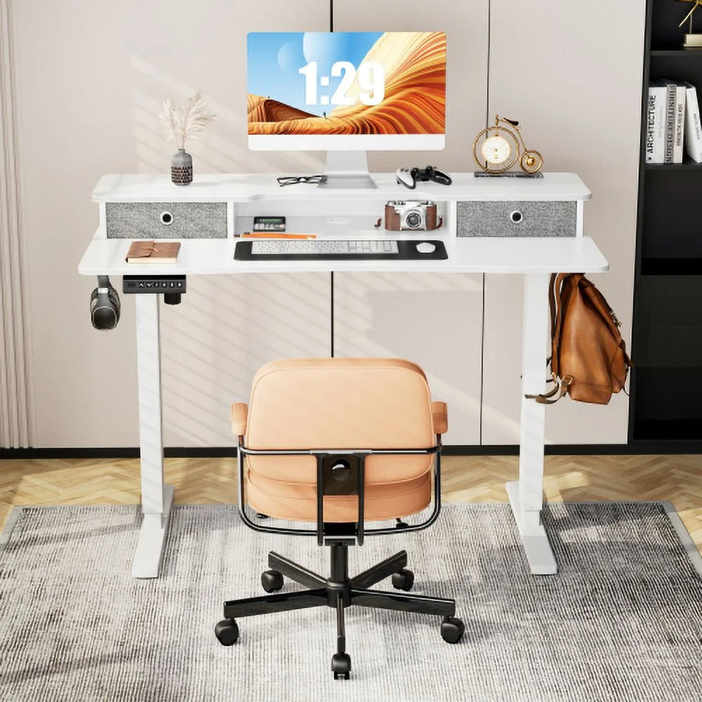 Height Adjustable Electric Standing Desk with Storage Shelf Double Drawer White W41784