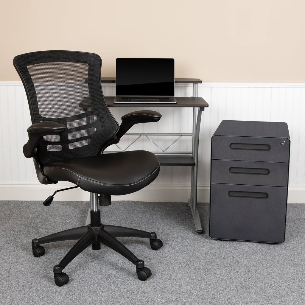 Black Computer Desk, Ergonomic Mesh Office Chair and Locking Mobile Filing Cabinet C2996