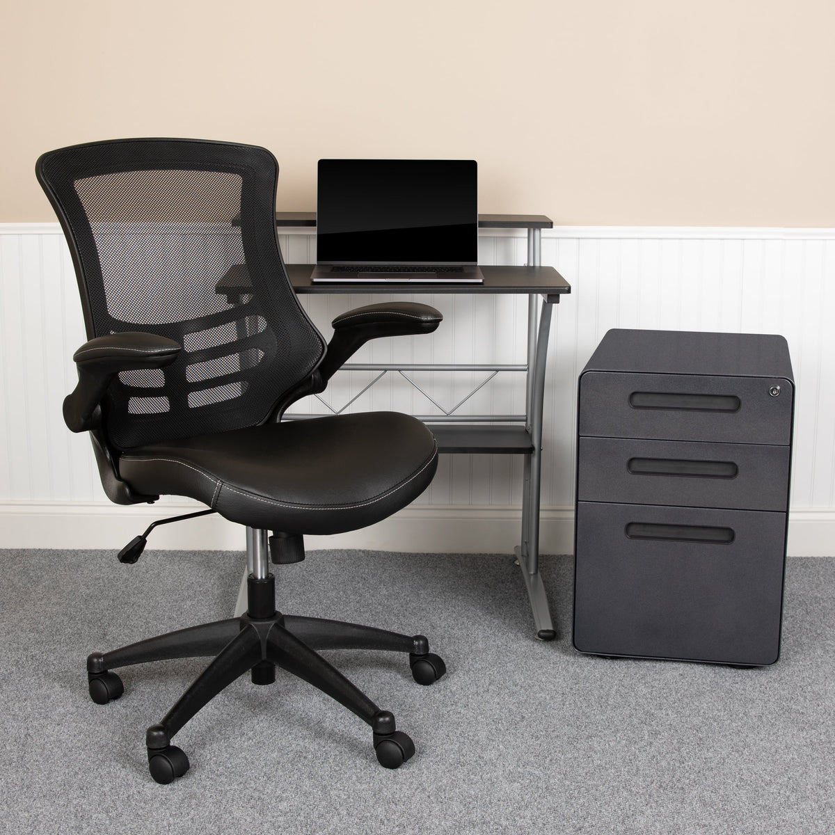 Black Computer Desk, Ergonomic Mesh Office Chair and Locking Mobile Filing Cabinet C2996
