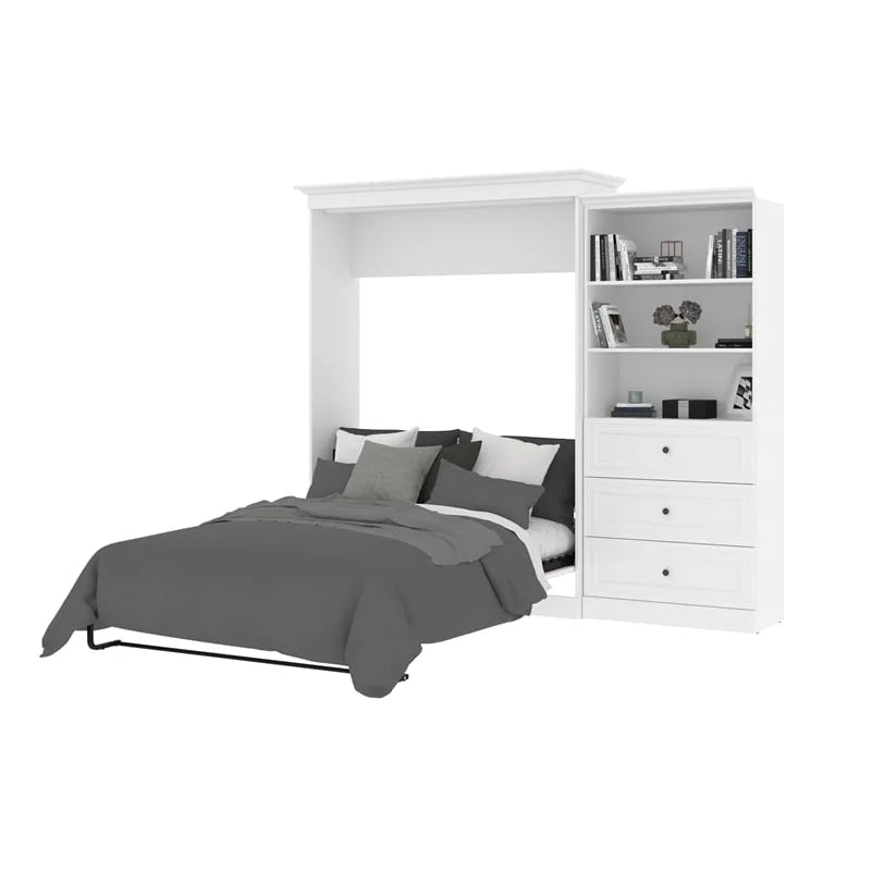 White Wood Queen Murphy Bed with Drawers A123