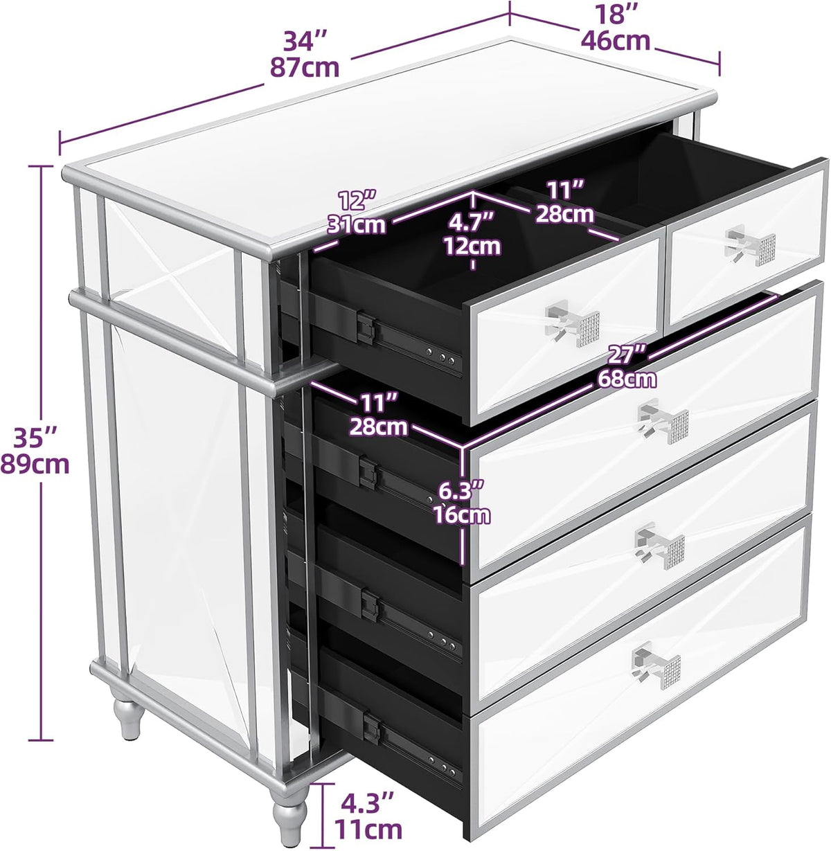 Silver Mirrored 5 Drawer Dresser with Wood Legs B53611