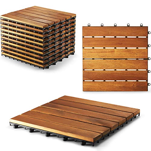 Interlocking Deck Tile (Pack of 10, 12"x12") Acacia Hardwood Patio Tile in Solid Acacia Wooden Oiled Finish Waterproof Golden Teak Color I3245