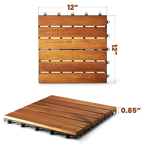 Interlocking Deck Tile (Pack of 10, 12"x12") Acacia Hardwood Patio Tile in Solid Acacia Wooden Oiled Finish Waterproof Golden Teak Color I3245