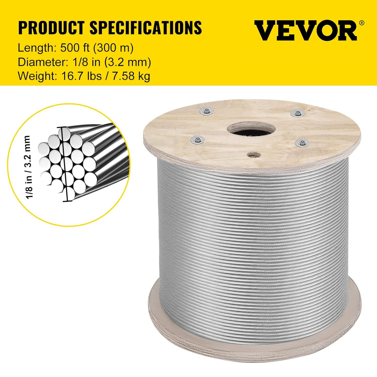500FT 1/8 Inch Stainless Steel 1x19 Wire Rope M79777