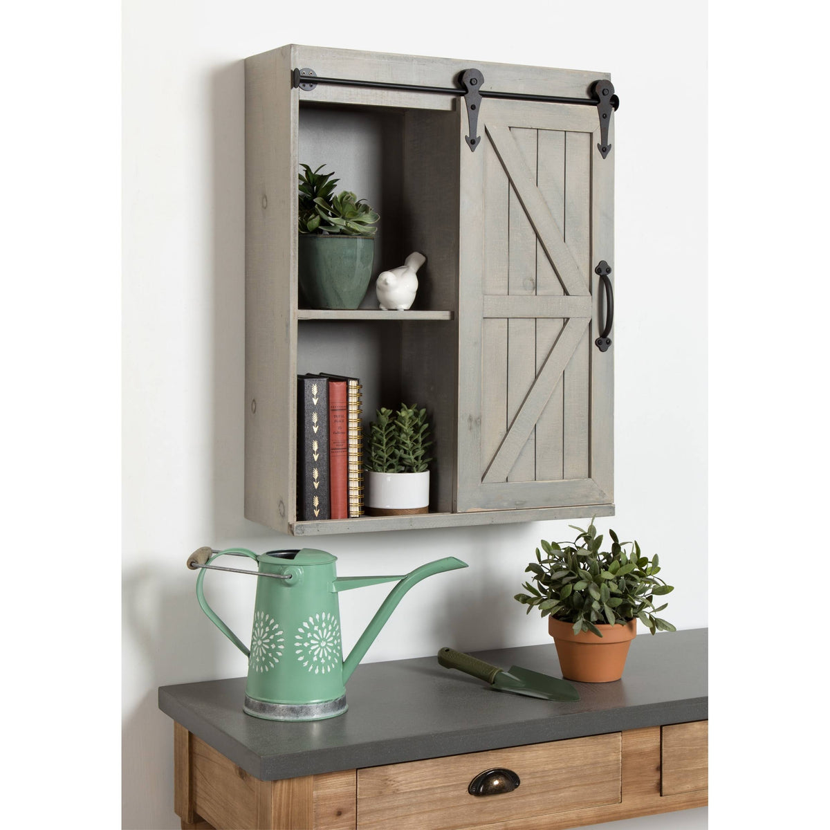 Rustic Gray Wood Wall Storage Cabinet with Sliding Barn Door K179571