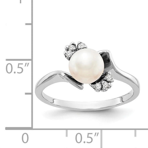 14k White Gold 6mm FW Cultured Pearl AAA Real Diamond Ring S5870