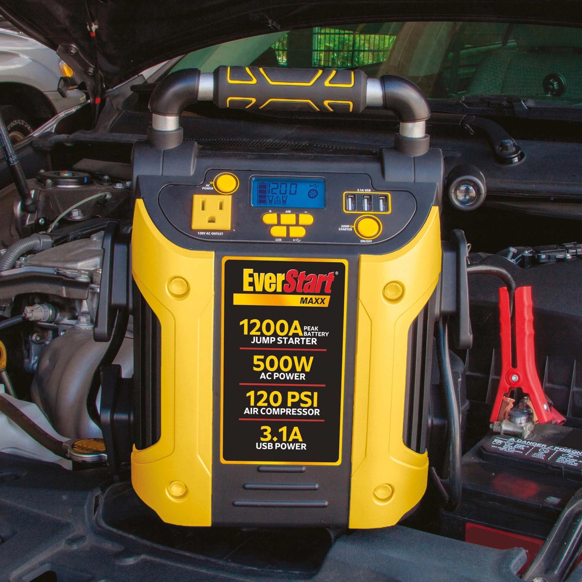 1200 Peak Amps Jump Starter with 500W Inverter and 120 PSI Compressor Y860
