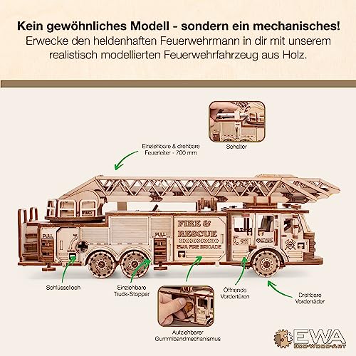 3D Wooden Puzzle Fire Truck Mechanical Model Kit with Wind Up Mechanism, 439 Pieces D8040