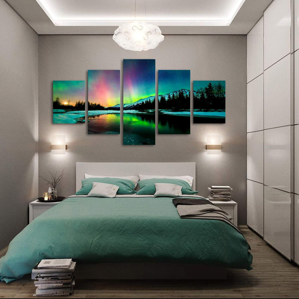 5 Pieces Green Aurora Borealis Scenery Canvas Prints Ready to Hang O33379