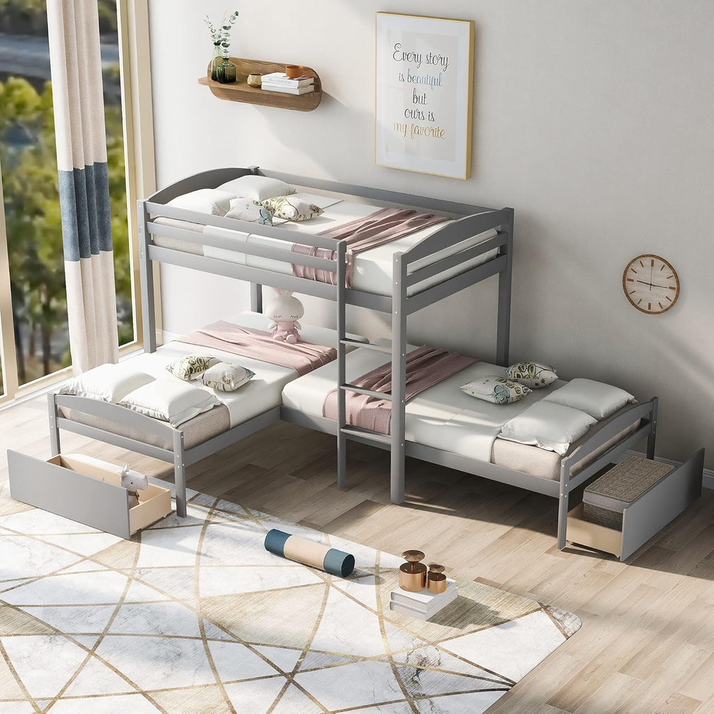 Twin Over Twin Wood Bunk Beds with Storage Staircase and Guardrails Q63551