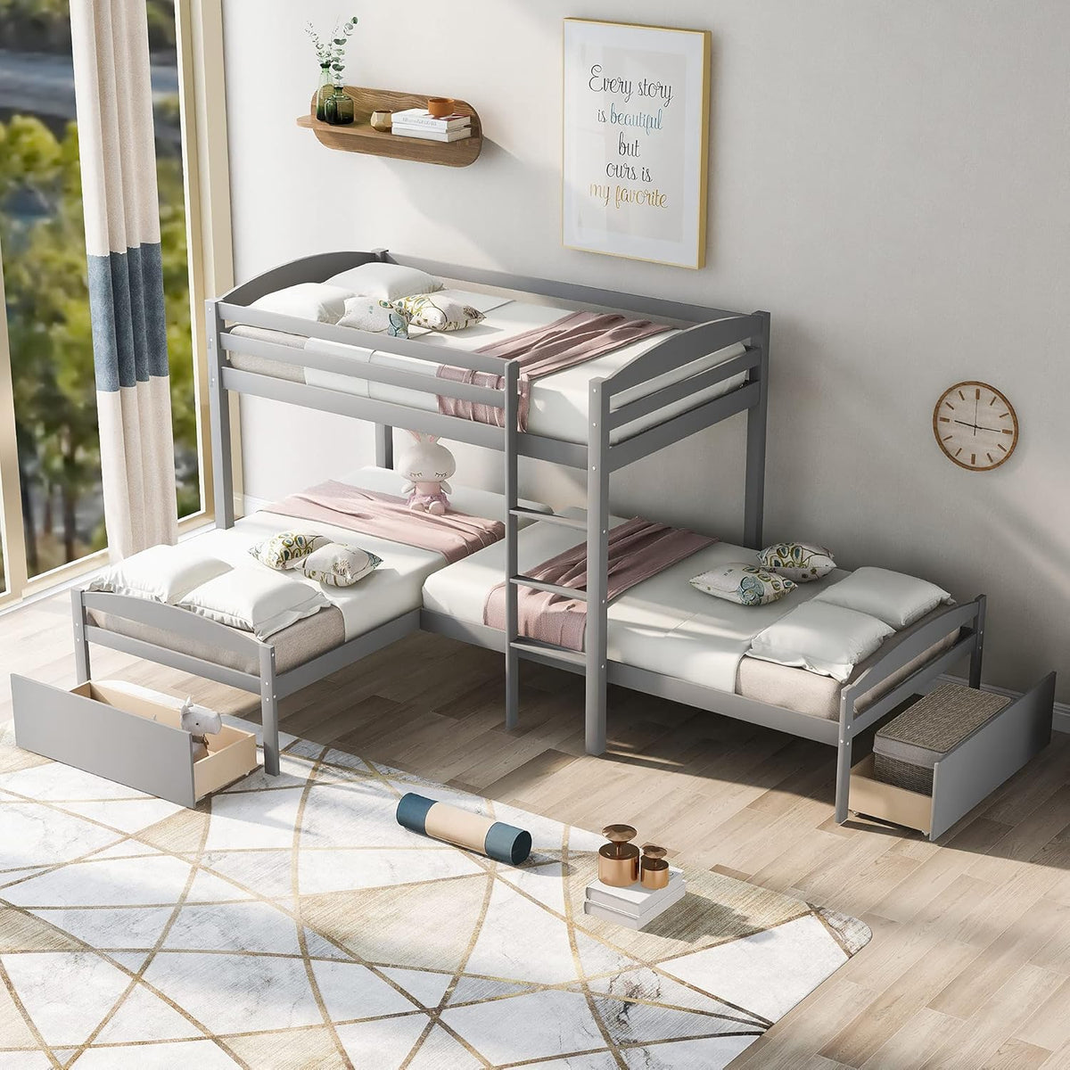 Twin Over Twin Wood Bunk Beds with Storage Staircase and Guardrails Q63551