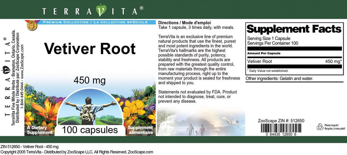 Vetiver Root 450 mg 100 Capsules Q9921