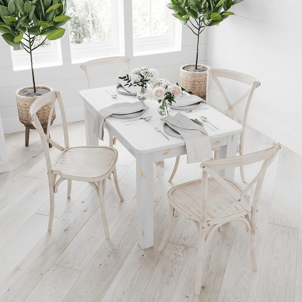 46" X 30" Rectangular Antique Rustic White Solid Pine Dining Table V11085