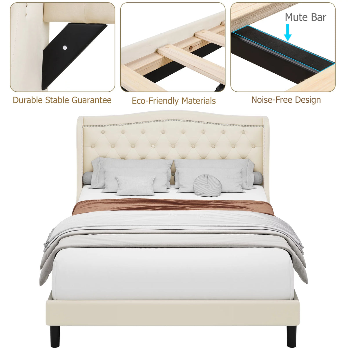 King Bed Frame with Wing-Back Button Tufted Upholstered Headboard L927