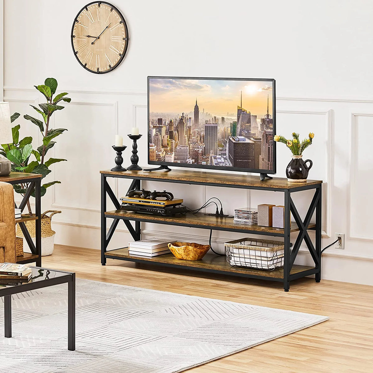 Rustic Brown 65 inch TV Stand with Power Outlets V4559