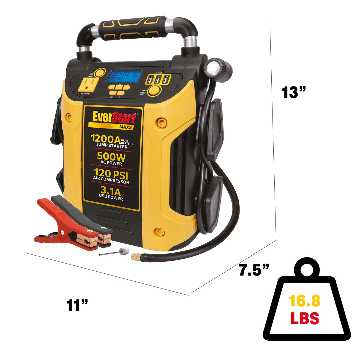1200 Peak Amps Jump Starter with 500W Inverter and 120 PSI Compressor Y860