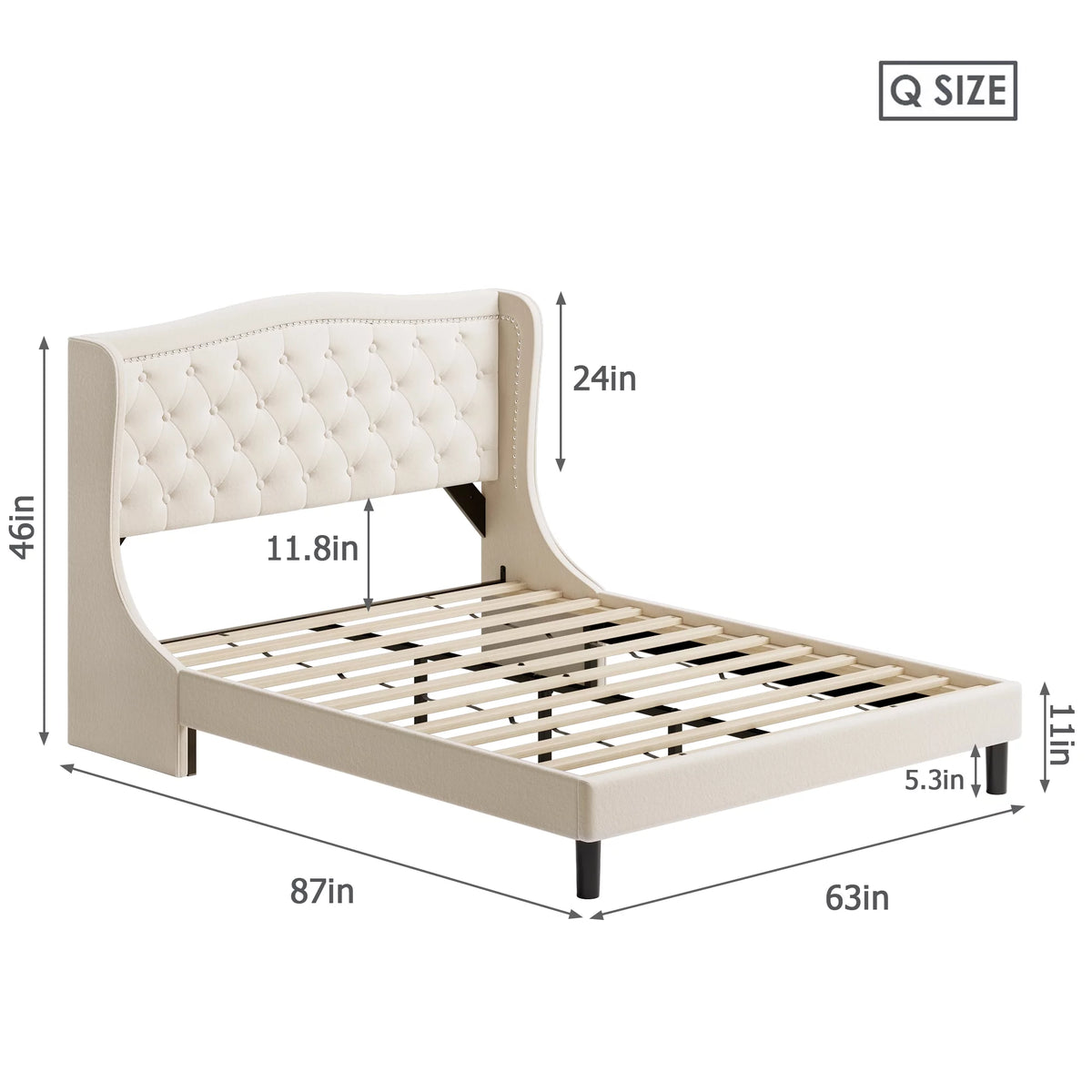 King Bed Frame with Wing-Back Button Tufted Upholstered Headboard L927