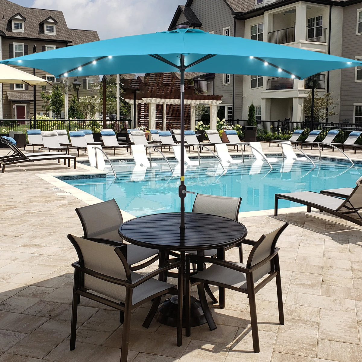10 x 6.5ft LED Rectangle Outdoor Patio Umbrella with Polyester Canopy, Lake Blue I6849