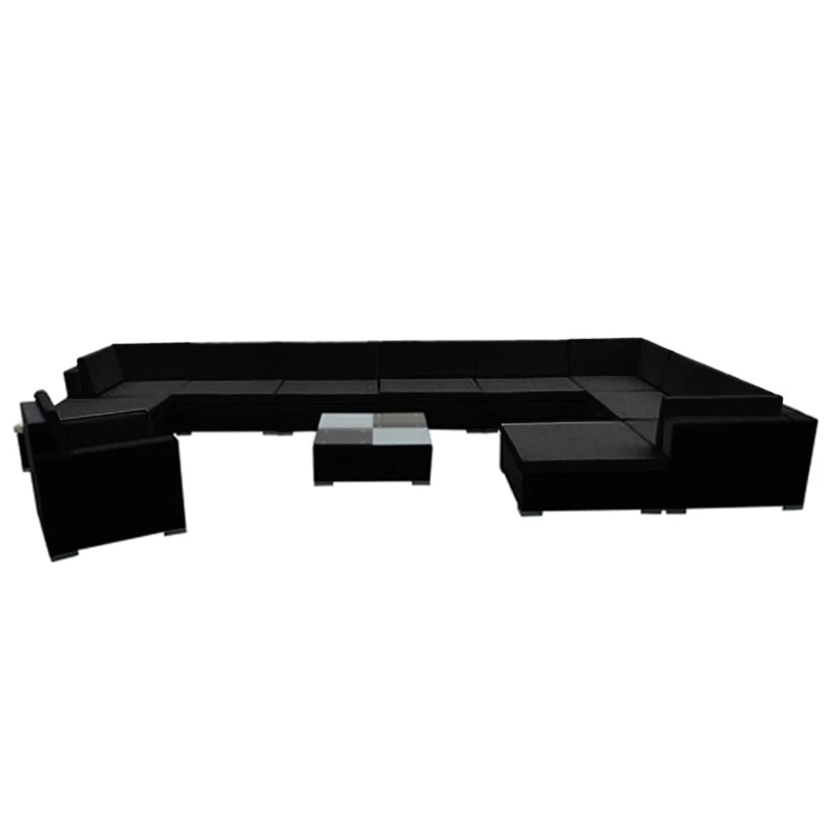 12 Piece Cushioned Patio Conversation Set with Ottomans and Tea Table Black Poly Rattan Q82657