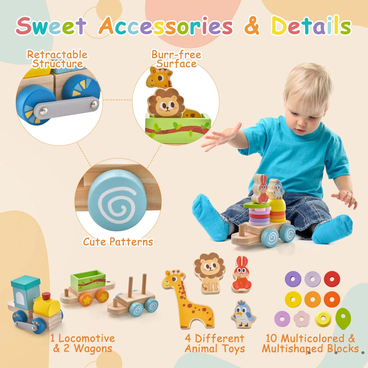 Wooden Stackable Train Set with Animal Toys & Locomotive U28573
