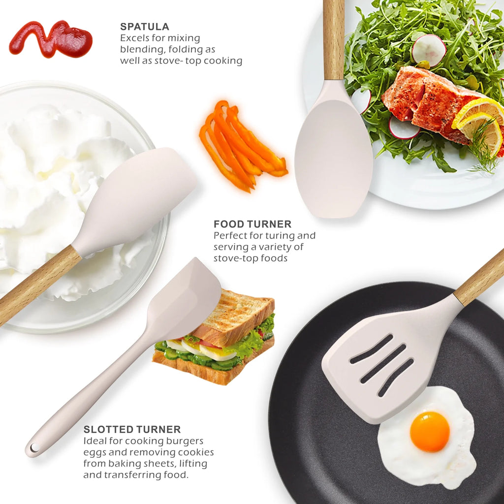 Silicone Cooking Utensils Set Wooden Handles Non-Stick Cookware M111443