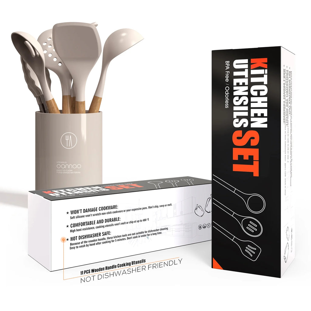 Silicone Cooking Utensils Set Wooden Handles Non-Stick Cookware M111443