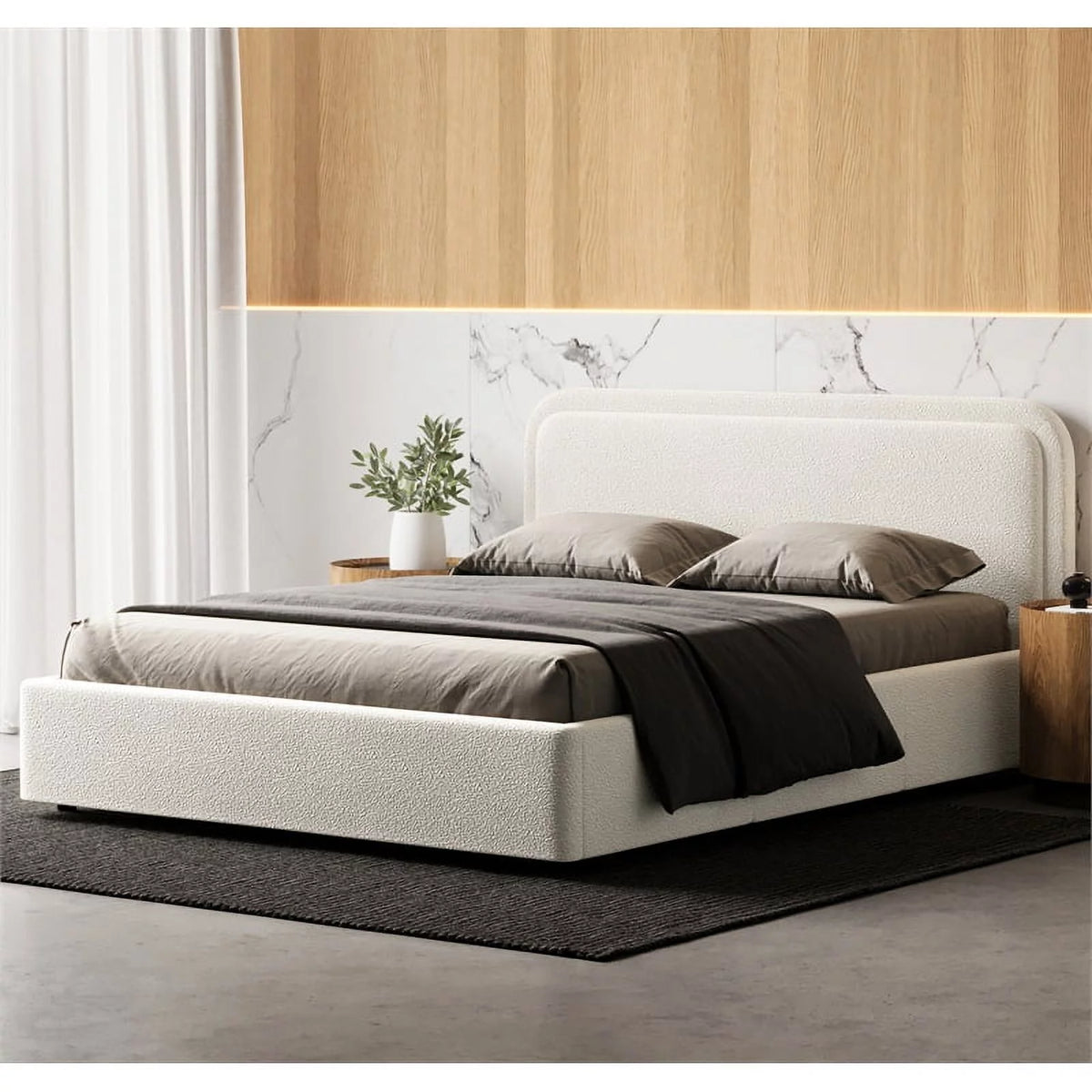 Queen Upholstered Platform Bed White Boucle Fabric V154