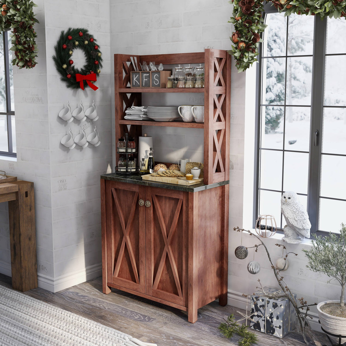 Rustic Walnut Kitchen Storage Hutch N3778
