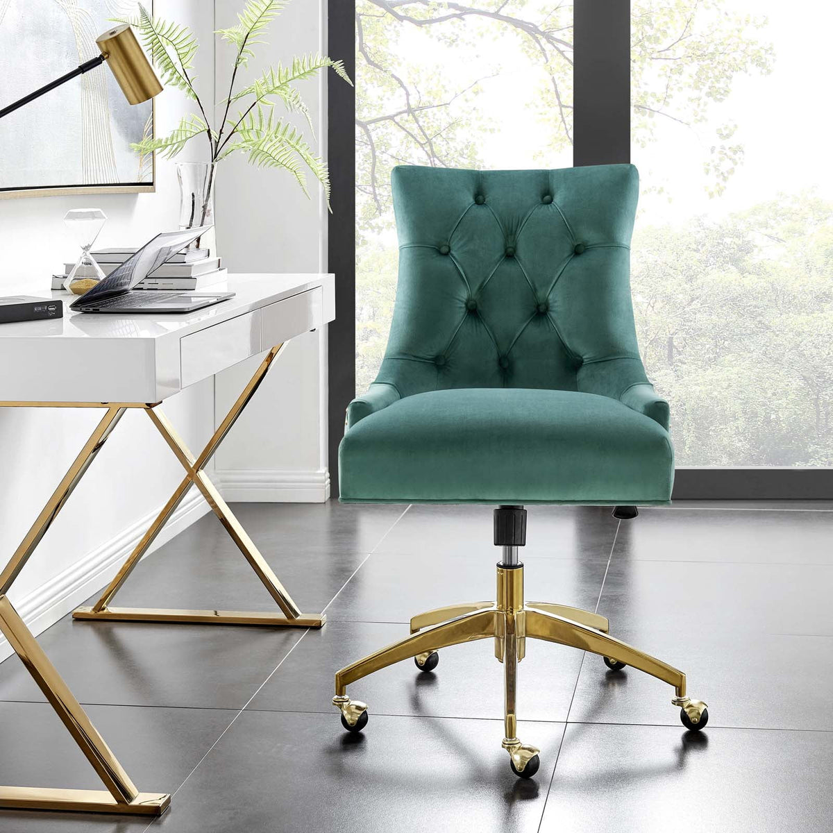 Velvet Gold Teal Blue Tufted Chair W515