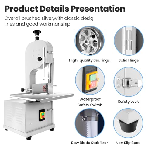 1500W Commercial Bandsaw Machine, 19x14" Stainless Steel Worktable, Electric Bone Saw Machine with 8 Blades N957