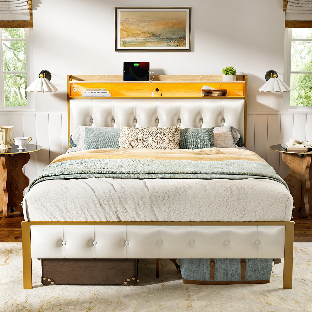 Queen Upholstered Platform Bed Frame with Storage Headboard U433770