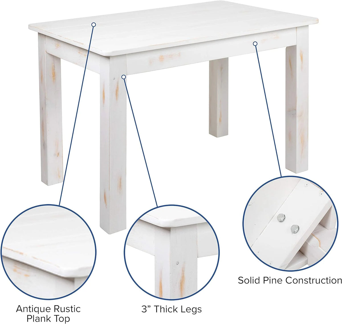 46" X 30" Rectangular Antique Rustic White Solid Pine Dining Table V11085