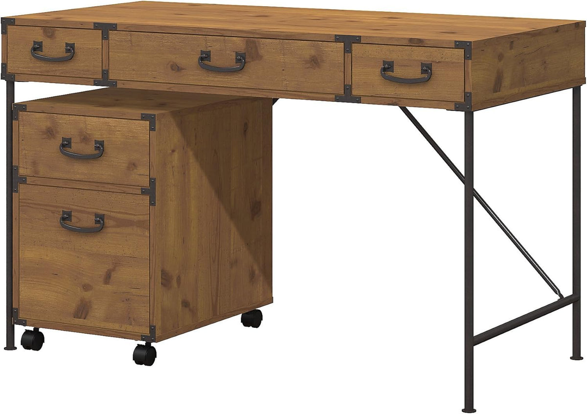 Vintage Golden Pine Writing Desk and 2 Drawer Mobile File Cabinet D64004