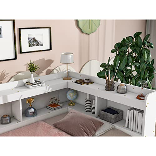 White Pine Wood Twin Size Platform Bed with L-shaped Bookcase Headboard and 2 Storage Drawers G608