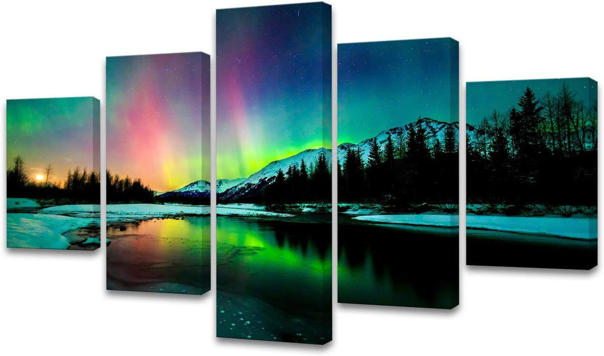 5 Pieces Green Aurora Borealis Scenery Canvas Prints Ready to Hang O33379