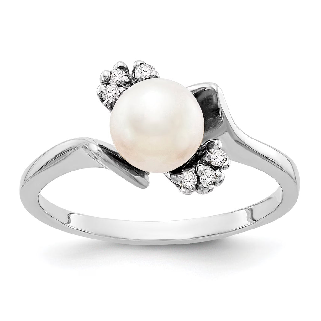 14k White Gold 6mm FW Cultured Pearl AAA Real Diamond Ring S5870