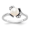 14k White Gold 6mm FW Cultured Pearl AAA Real Diamond Ring S5870
