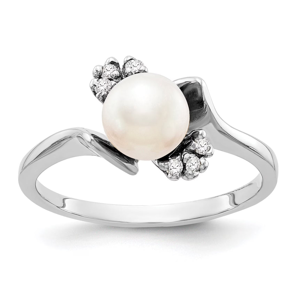 14k White Gold 6mm FW Cultured Pearl AAA Real Diamond Ring S5870