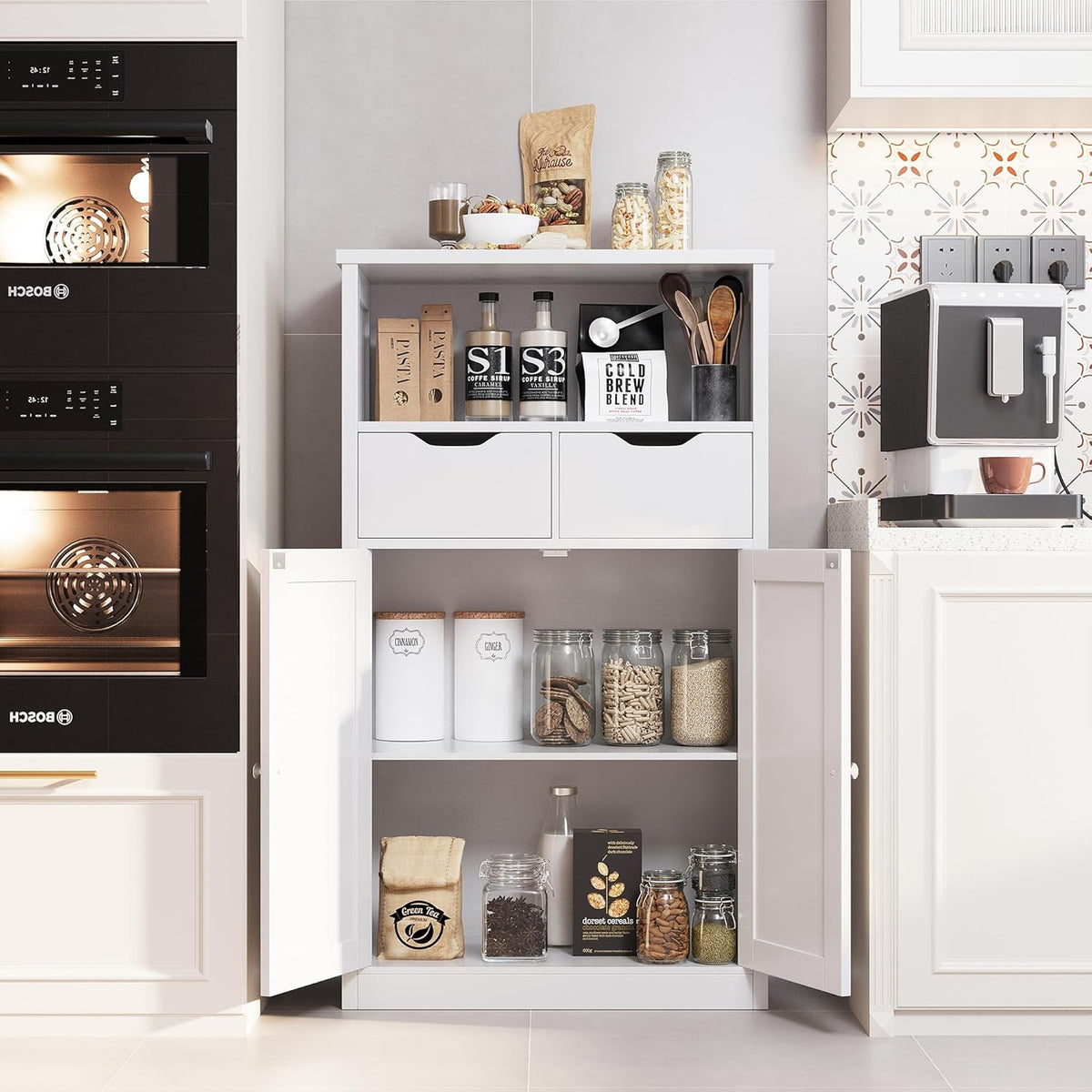 White Floor Storage Cabinet with Doors and Drawers and Adjustable Shelf D695