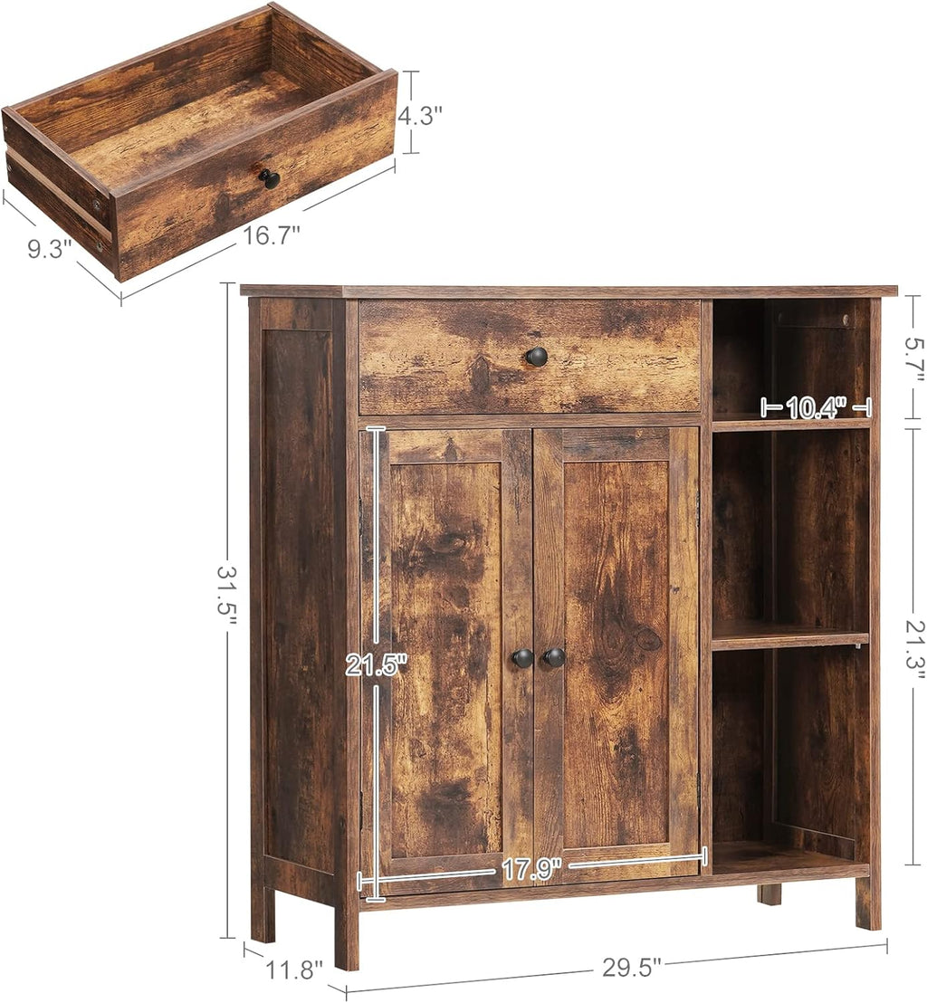 Free-Standing Bathroom Cabinet with 2 Door Drawer Adjustable Shelf 3 Open Shelves E233
