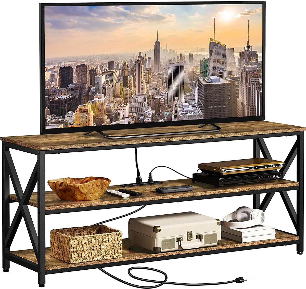 Rustic Brown 65 inch TV Stand with Power Outlets V4559