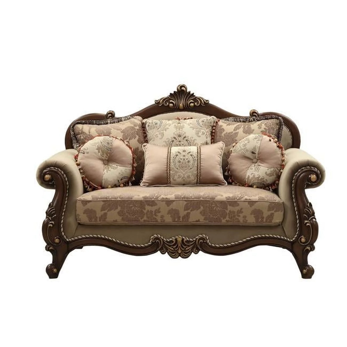 Fabric Walnut Loveseat with 6 Pillows X182