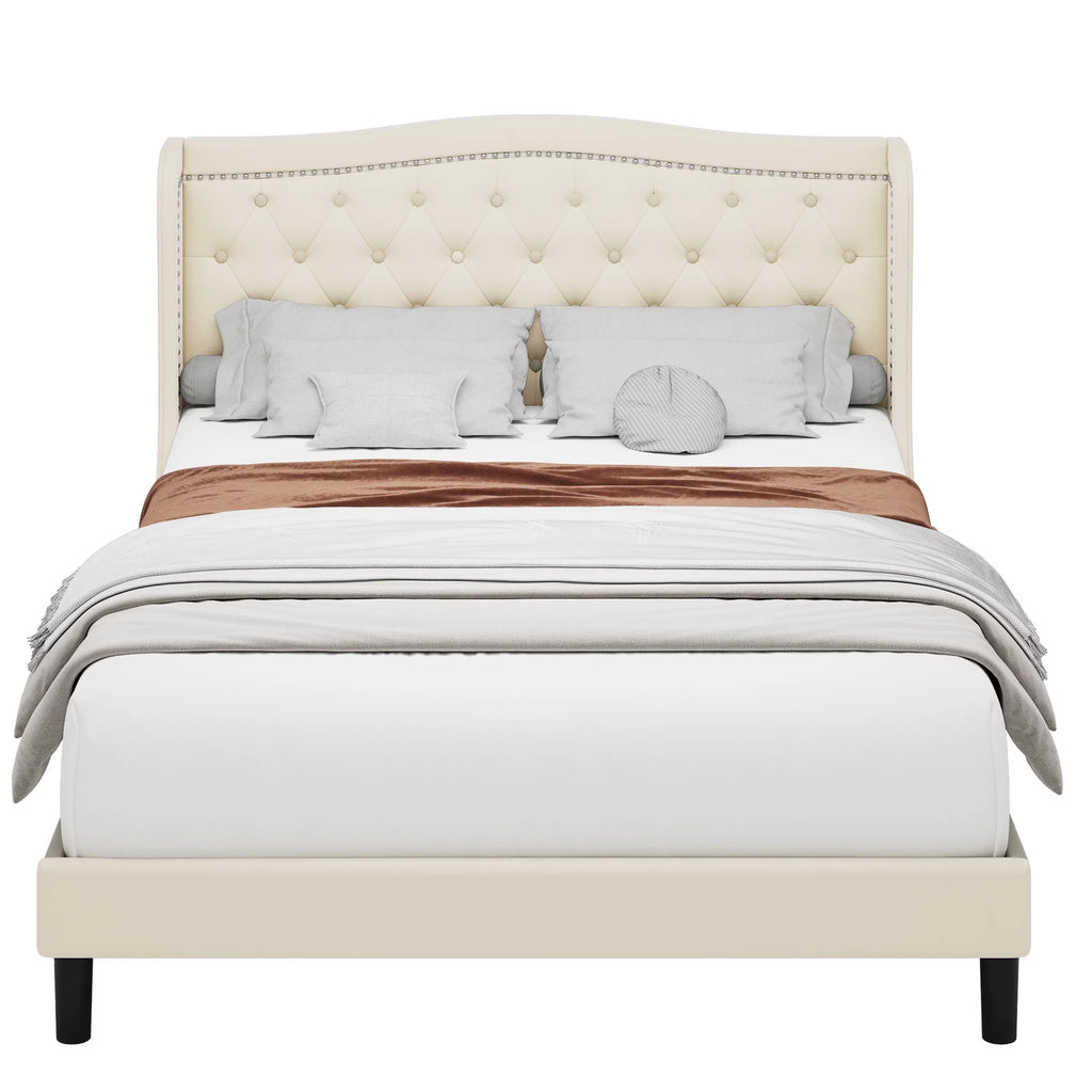 King Bed Frame with Wing-Back Button Tufted Upholstered Headboard L927