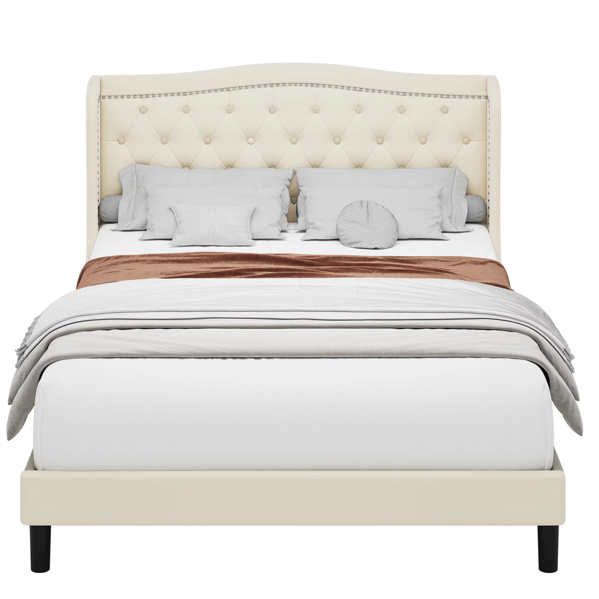 King Bed Frame with Wing-Back Button Tufted Upholstered Headboard L927